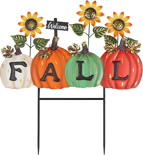 YEAHOME Fall Decorations Outdoor, Fall Letter Pumpkin Decorative Garden Stakes with Sunflower for Fall Decor, Metal Yard Signs for Home Outside Garden Lawn Porch Thanksgiving Decorations