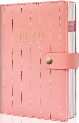 Undated Weekly Planner, Undated Planner with Weekly Monthly Schedules, A5 Habit Tracker Journal with 53 Weeks, PU Leather Cover Notebook for Women with Pen Holder, Pocket, 2 Bookmarks, Pink, 5.8x8.3