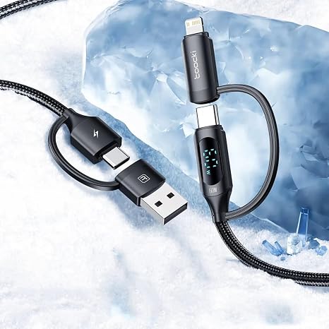 4-in-1 USB-C Cable with LED Display, PD 60W Fast Charging Cable 480Mbps Data Fast Charge Multi Nylon Braided Charger Cord for IP 14 15 16 Plus Pro Pro Max Samsung, 6FT
