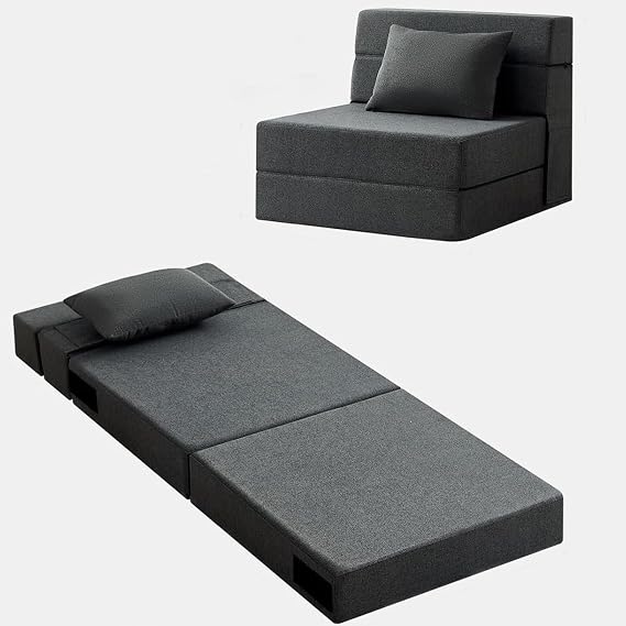 Folding Sofa Bed - Convertible Sleeper Chair with Pillow, Folding Chair Bed, Foam Floor Mattress, Futon Couch, Lazy Sofa for Living Room/Dorm/Guest Room/Home Office,Single,Gray