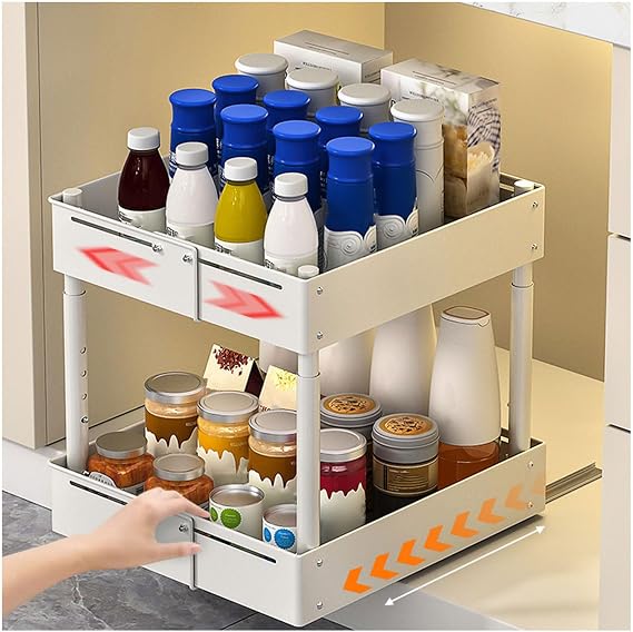 2 Tier Extendable Pull Out Cabinet Under Sink Organizer with Adjustable Height and Width, Kitchen Cabinet Organizer and Storage for Bathroom Pantry Laundry
