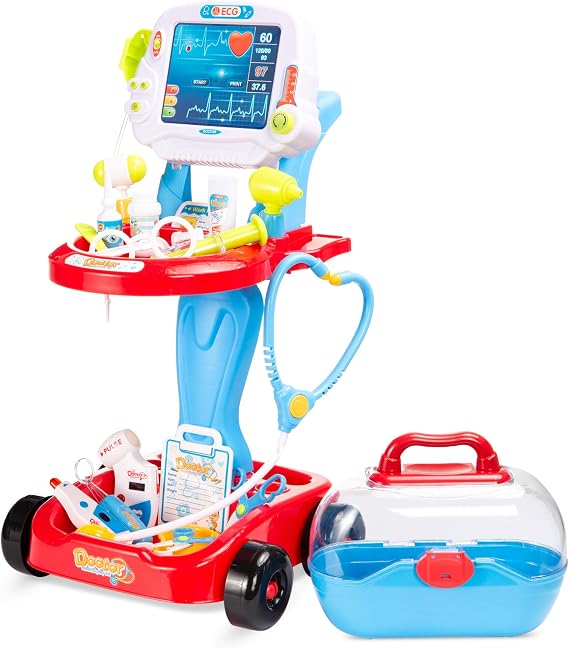 Best Choice Products Play Doctor Kit for Kids, Pretend Medical Station Set for Boys & Girls with Carrying Case, 17 Accessories Mobile Cart, LED EKG, Thermometer, Stethoscope, Pulse Machine - Blue