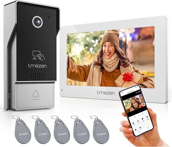 TMEZON Video Doorbell Camera System with 7-inch Monitor, Smartphone App, 5 RFID Keys
