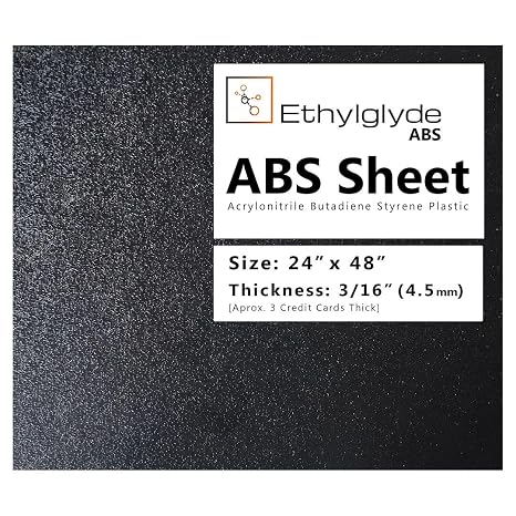 Black ABS Plastic Sheet. DIY and Hobby Plastic. One Textured Side One Smooth Matte Side. Easy to Cut, Thermoform, and Mold with Heat. Nominal Cut +(-) 1/8". Fabricated in USA. 24" x 48" (3/16" Thick)