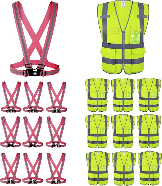 Dazonity High Visibility Safety Vest with Multi Pockets and Zipper, 20pcs,L,Pink Reflective Strip Running Safety Gear, Fit for Men & Women, Work, Construction,Cycling, Running, Surveyor, Volunteer