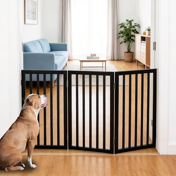 Dog Gate Indoor, Freestanding Dog Fence for The House, Doorways, Hallways,or Stairs,Pet Gate Foldable Wooden,Expandable 32" Height 3 Panels,Black