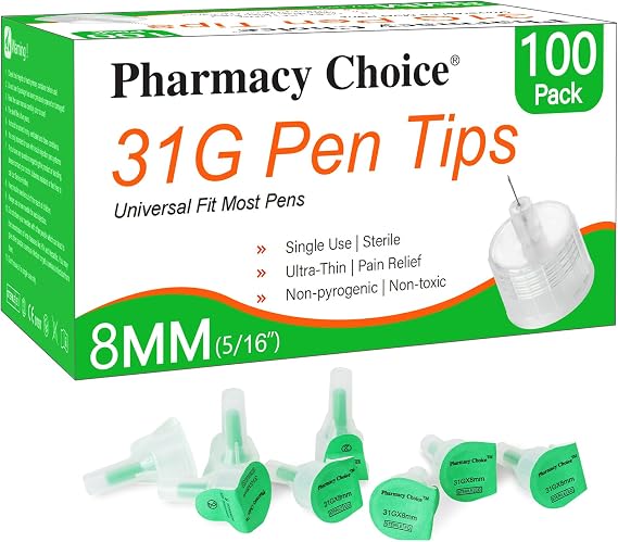 Pen Tips 31G x 8mm(5/16") Universal Fit, Sterile,Ultra-Thin Wall Technology. Comfortable and Precise,100 Count