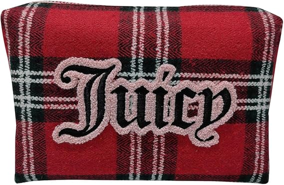 Juicy Couture Red Makeup Bag Cosmetics Organizer Travel Essentials Zip Top Wedge Plaid Flannel