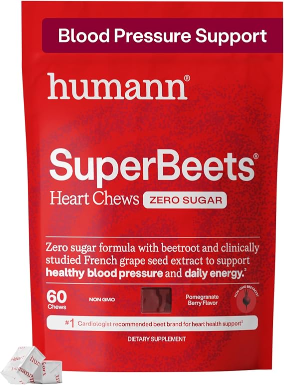 Humann SuperBeets Heart Chews Zero Sugar, Pomegranate Berry Flavor, 60 Ct