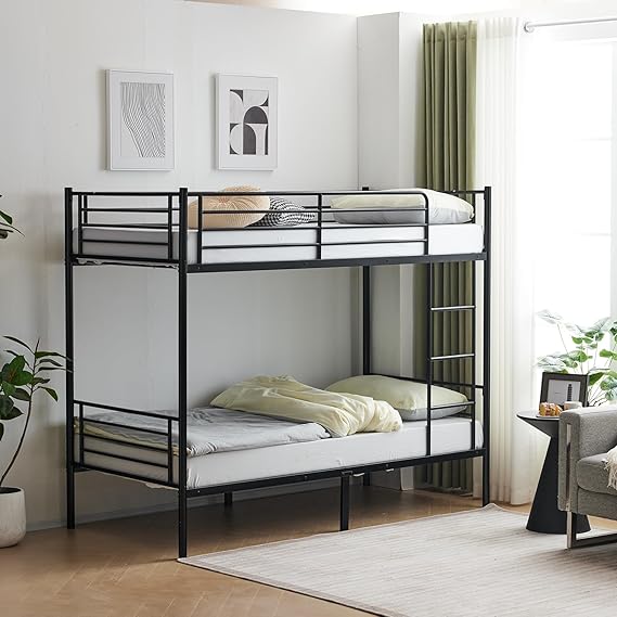 Black Iron Bunk Bed with Ladder, Kids Adults Twin Sleeper Bed Frame
