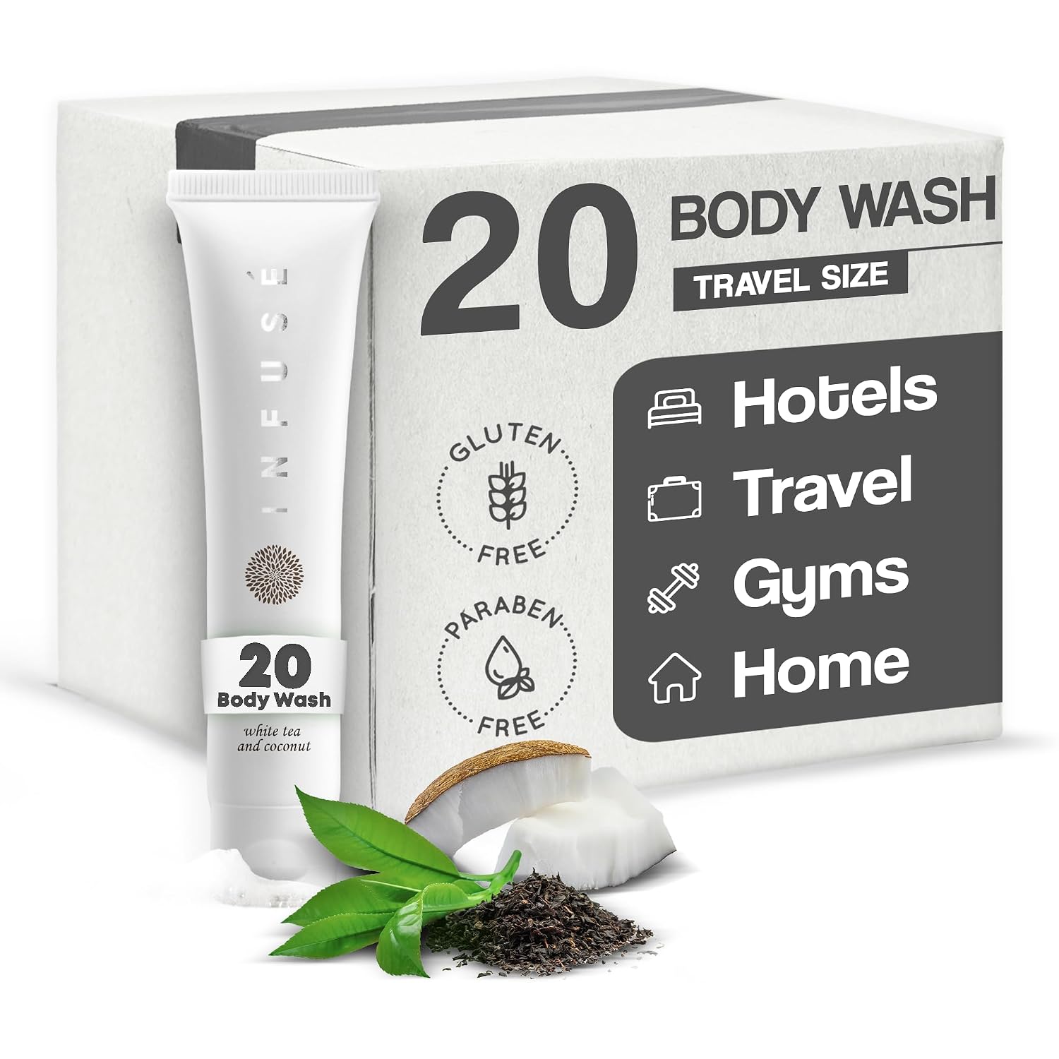 1-Shoppe Amenities Set | Infuse Pure White Tea & Coconut Hotel Body Wash | Bulk 1oz Travel Size Body Wash | Case of 20