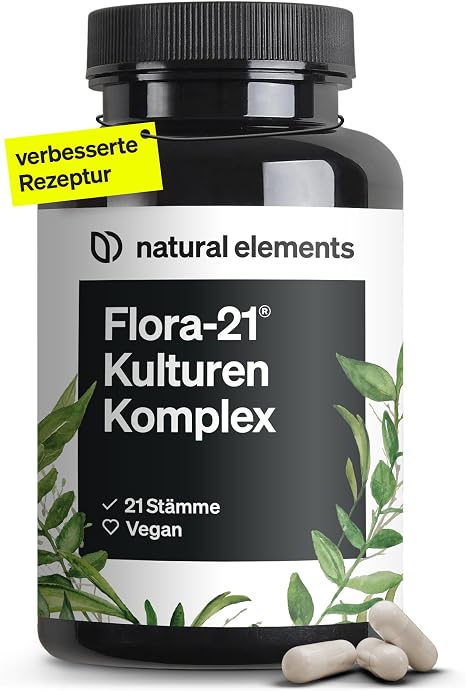natural elements Flora 21® Culture Complex - 21 Bacterial Strains + Organic Inulin - 180 Enteric Juice-Resistant Capsules - Laboratory Tested Vegan High Dose and Produced in Germany