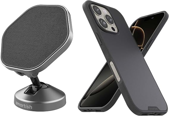 Smartish iPhone 16 Pro MagSafe Case + MagSafe Mountaineer Car Mount - Slim Thin Grip Cover Compatible with Apple iPhone 16 Pro + MagSafe Stick On Adhesive Phone Holder - Black Tie Affair