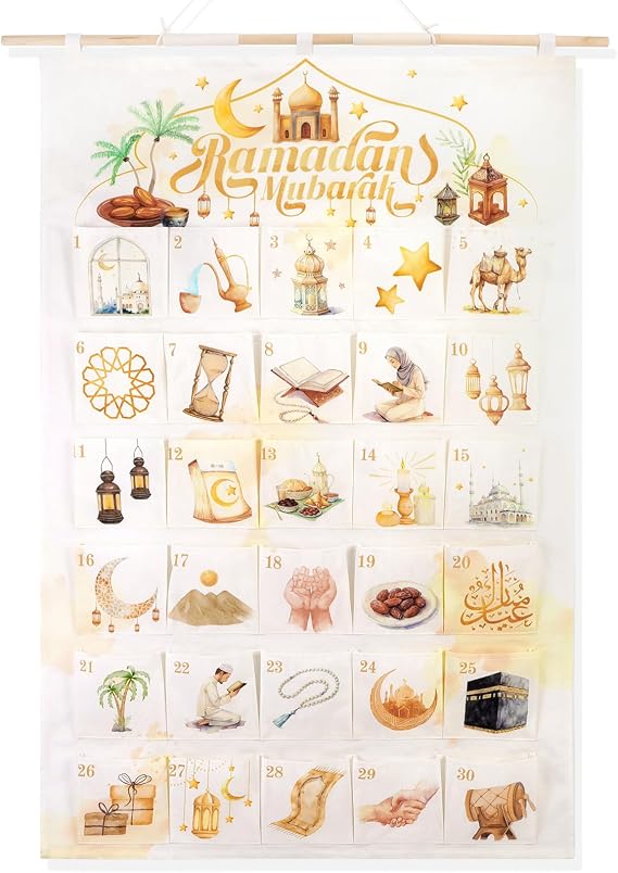 HOWAF Ramadan Countdown Calendar Watercolor Design - 30 Days Beige Fabric Advent Calendar with Islamic Art Patterns, Eid Gift for Kids, Muslim Family Ramadan Decor 2026, Watercolor Moon & Mosque Art