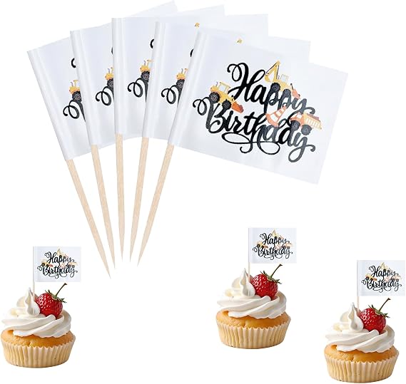 Construction Happy Birthday Cupcake Topper Flags Banner Mini Small Dump Truck Excavator Tractor Toothpick Stick Flags Construction Shower Birthday Shower Cake Party Theme Decor(100Pcs)