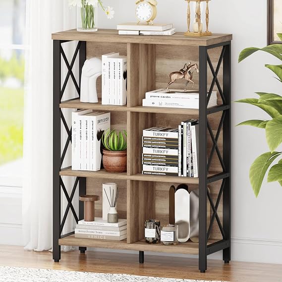 Bookcase, 6 Cube Storage Organizer Shelf, Wood and Metal Cubby Book Shelf, Industrial 4 Tier Cube Bookshelf (Rustic Oak)