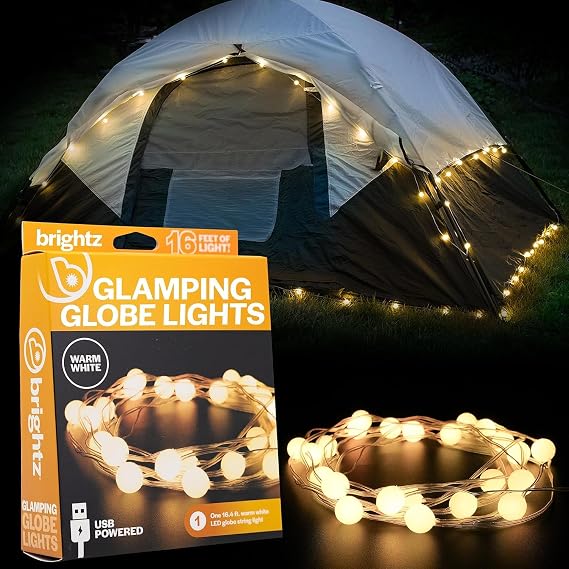 Brightz GlobeBrightz LED USB String Lights, Warm White, 16 ft | Glamping tent lights for camping; for hammocks, camping tents & campsites; USB powered camp light