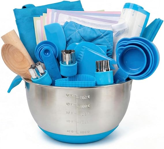 Kids Baking Set with Real Cooking Utensils and Measuring Tools (Blue)