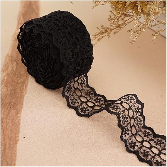 LITCHI 25 Yard Black Vintage Lace Ribbon Roll, 1.2 Inch Width, Perfect for Sewing, Gift Wrapping, Wedding Decorations