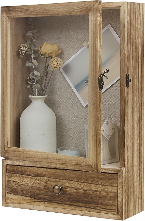 Butizone Shadow Box Frame, 3.2" Deep Shadow Box Display Case with Real Glass and Drawer, Rustic Wood Memory Box for Pictures, Flowers, Memorial, Medals, Wedding Bouquet for Wall or Tabletop, Brown