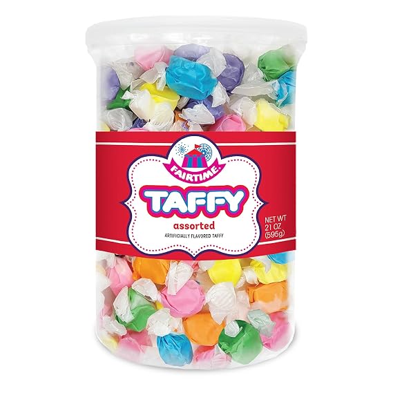 Fairtime Assorted Rainbow Taffy (Strawberry, Cherry, Orange, Lemon, Green Apple, Grape), 21 Oz Jar - Individually Wrapped Saltwater Chewy Taffy Candy for Gifts, Buffets, Party, Wedding Favors, Candy Bowl or Goodie Bags