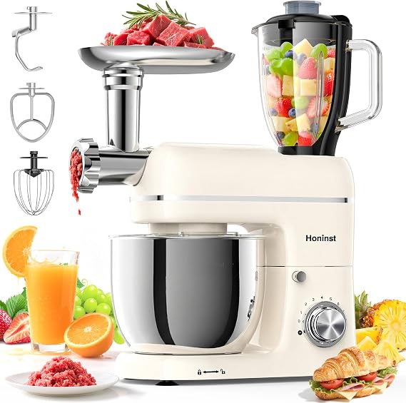 Honinst 7-IN-1 Multifunctional Stand Mixer, 6.5 QT 8-Speed Tilt-Head Kitchen Mixer, Electric Food Mixer with Meat Grinder, Juice Blender, Dough Hook, Beater, Whisk, Bowl for Most Home Cooks, Beige