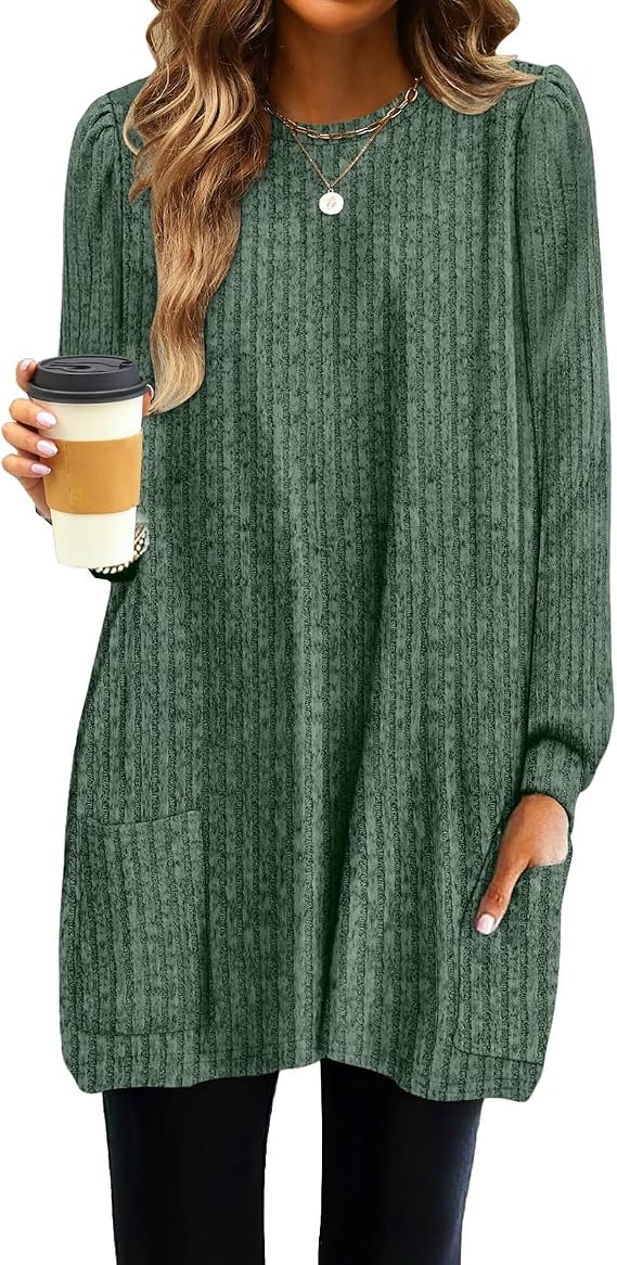 Women's Long Sleeve Tunic Tops Crew Neck Sweatshirt Loose Basic Tee Tops with Pockets