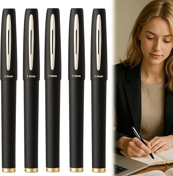Pens Black Ink, 5 PCS Rollerball Pens, 1.0mm Medium Line Ballpoint Pens, Gel Pens for Writing Drawing Notes Taking School Office(Black)