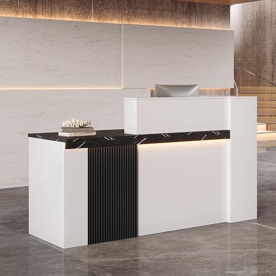 71" L-Shaped Reception Desk with LED Lights & Keyboard Tray, Front Desk Counter with Lockable Drawer, Storage Shelves & Cable Grommet for Office, Salon, Clinic, School, Retail (White & Black - Left)