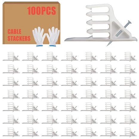 100 Pack Cable Stackers with Steel Nails, White Electrical Wire Clip Set | Wire Holders Insulated Cable Staples Secure Multiple Cords for Neat Routing in Home Office Workshops Electrical Installations