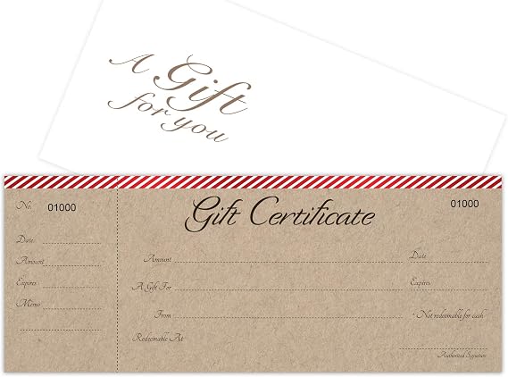 IMPACTONLINEPRINTING Blank Gift Certificates Cards with Free Envelopes 25 set-Stripes on Red Bar with kraft background image