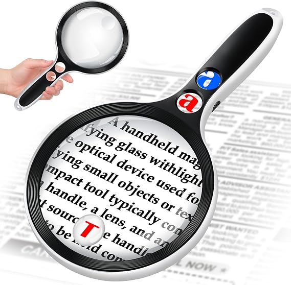 Large Magnifying Glass with Lights,10X 25X 45X 60X Lighted Magnifier | 5-inch Page Magnifier LED Lights,Handheld Magnifying Glass for Reading Small Prints & Low Vision Seniors with Aging Eyes