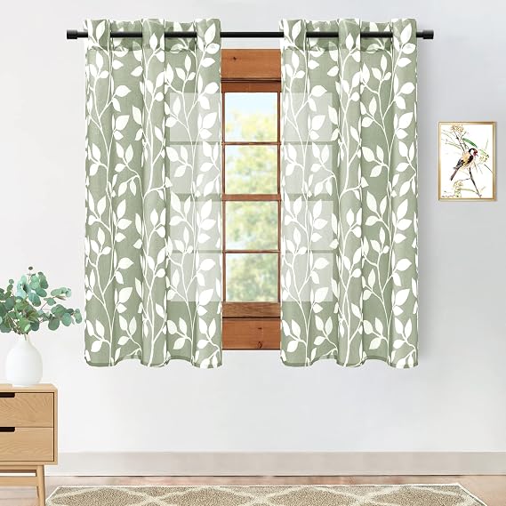 XTMYI Decorative Sheer Curtains 63 Inch Length, Sage Green Boho Leaf Floral Pattern Curtains for Bedroom Living Room Office Window at Home