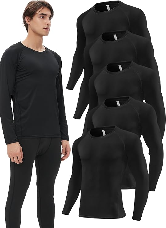 5 Pack Compression Shirt Men Long Sleeve Athletic Workout Base Layer | Cool Drying Undershirt Tops for Gym Soccer basketball Activewear T-Shirts