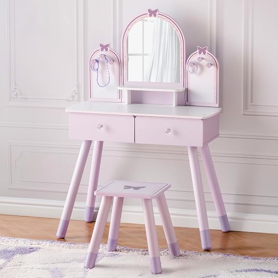 ROBOTIME Purple Kids Vanity Set with Mirror, Chair and Drawers for Girl