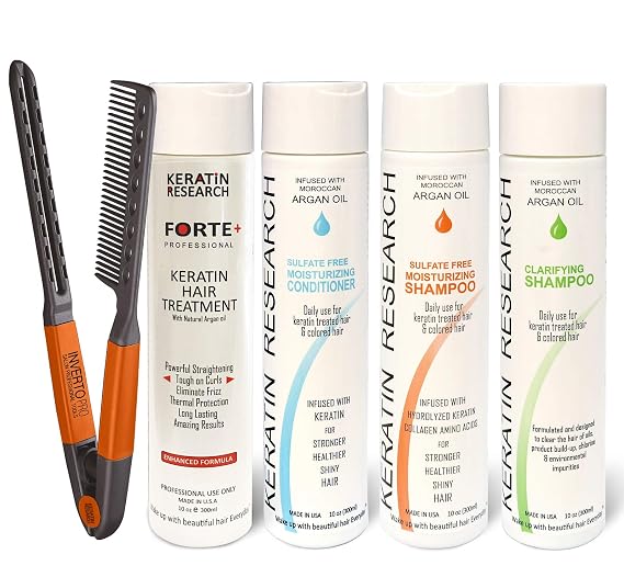 KERATIN FORTE Extra Strength Brazilian Keratin Hair Treatment Professional 300ml Set Including Moisturizing Shampoo, Moisturizing Conditioner, Clarifying Shampoo, Brush/Comb Proven Amazing Results