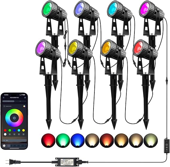 Smart Low Voltage Landscape Lights, Bluetooth Landscape Lighting, RGB Warm White LED Spotlights APP Control, 24V Outdoor Yard Spot Lights with Spike Stand, Waterproof Garden Light Music Sync