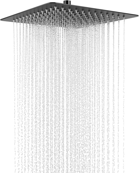 Rain Shower Head Rain Shower 12 Inches Black Square Rain Shower Head 30 x 30 cm Large Detection Range Stainless Steel Shower Head Adjustable Angle Ceiling or Wall Mount