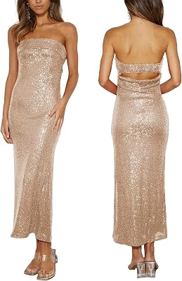 Women Strapless midi Sequin Dresses Bodycon Sleeveless Wedding Guest Sparkly Glitter Formal Cocktail Dress