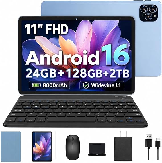 Tablet, 11 Inch Android 16 Tablets with Keyboard Gemini AI 3.5, 24GB+128GB