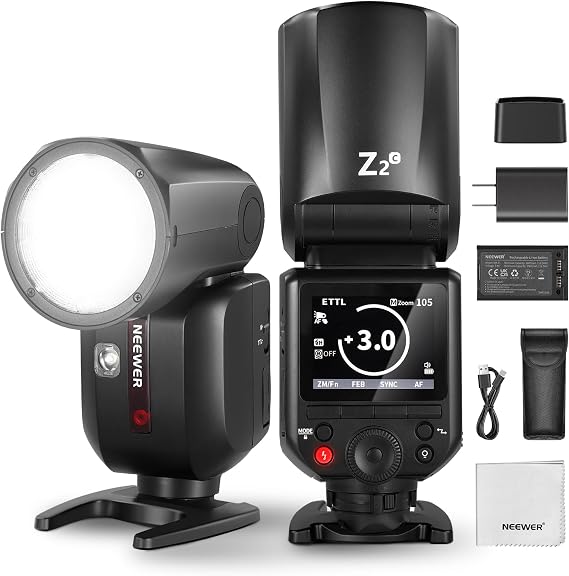 NEEWER Z2-C 2.4G TTL Round Head Flash Speedlite Compatible with Canon, 76Ws Speedlight with Upgraded UI, Modeling Lamps, TTL/M Quick TCM Switch, 1/8000s HSS, 2600mAh Battery, Cleaning Cloth
