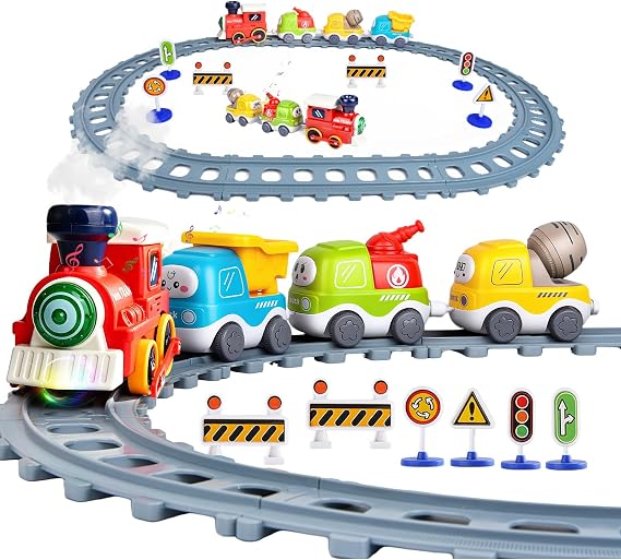 Electric Train Set for Toddlers,Train Toys with Lights,Realistic Music Sound, Steam Spray,Traffic Sign, Magnetic Train Connection Car Toys with Tracks,Christmas Birthday Gifts for Kids Boys Girls