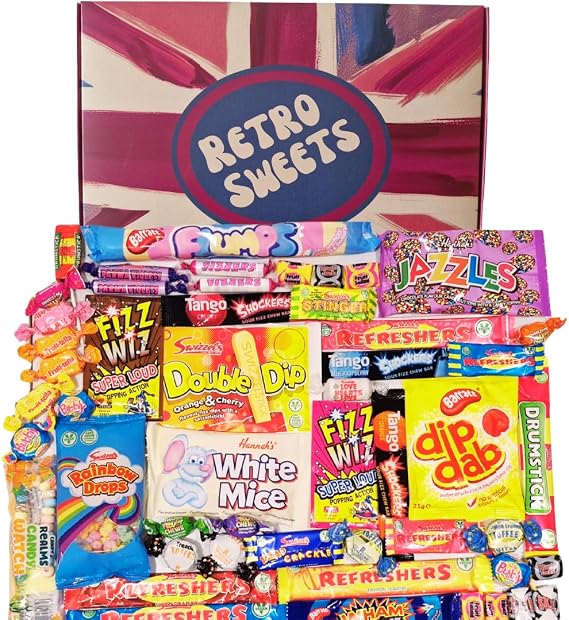 Retro Sweets Gift Box Ultimate Sweet Hamper. Packed in a fun Retro Design Box with over 50 Nostalgic and Popular British Sweets (Large, Red & Blue Union Jack Inspired Design)