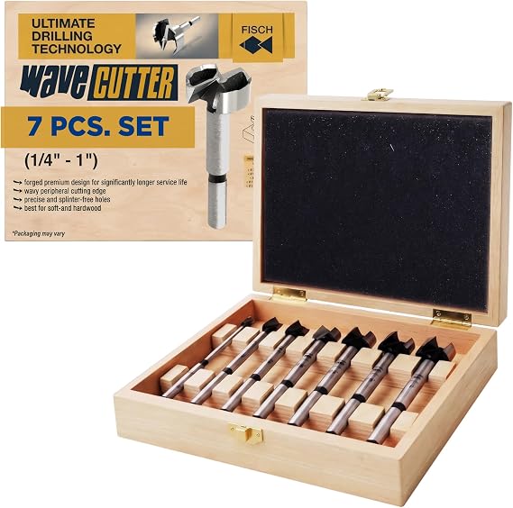 Fisch Wave Cutter Forstner Drill Bit Box Set, 7-Piece Pro Grade Woodworking, Cabinet Markers 3.6X Faster Cutting Tool Set Smooth, Splinter-Free Cutting, Forged Premium Steel, Austria, (1/4" - 1")