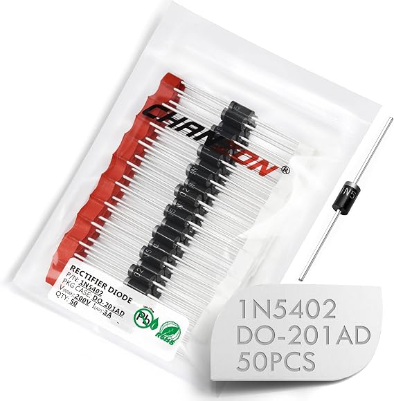 Chanzon 50pcs 1N5402 Rectifier Diode 3A 200V DO-201AD (DO-27) | Axial 5402 IN5402 3 Amp 200 Volt Electronic Silicon Diodes
