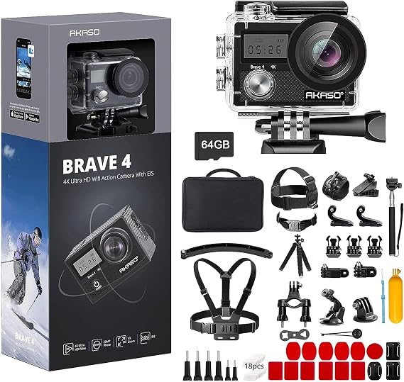 AKASO Brave 4 Action Camera with 64GB SD Card and 60 in 1 Accessories Kit