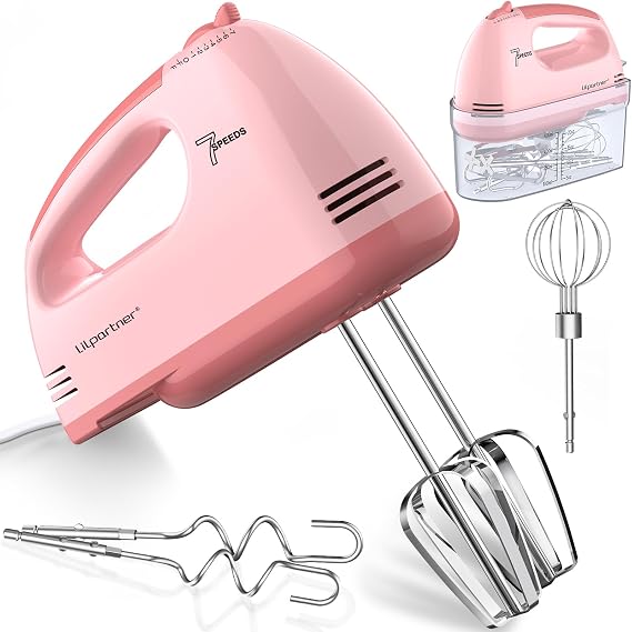 LILPARTNER Electric Hand Mixer with Storage Box, Ultra Power Kitchen Hand Mixer With 7-Speed & 5 Stainless Steel Accessories for Whipping Dough, Cream, Cake, Dishwasher Safe, LIGHT PINK BOX