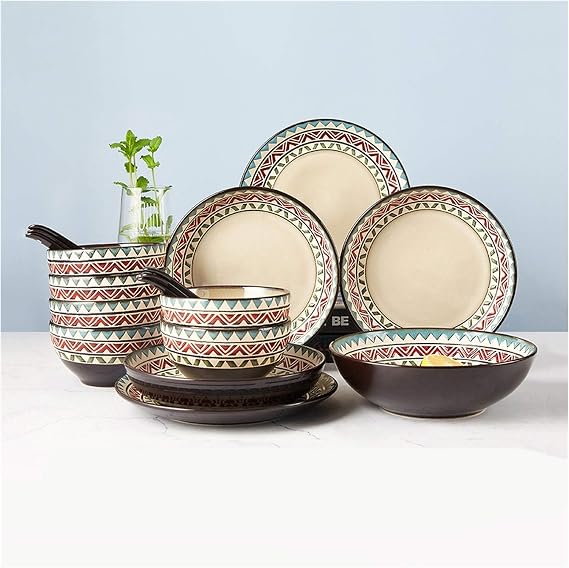 Dinner Plate 18-Piece Kitchen Dinnerware Set Retro Geometric Pattern Dinner Plate Sets Elegant Ceramic Dinnerware Set, Reactive Glaze, Service for 6 Tray