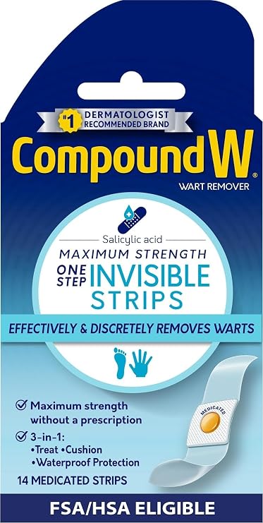 Compound W Maximum Strength One Step Invisible Wart Remover Strips, 14 Count | Wart Remover Strips with Salicylic Acid, Waterproof Wart Removal Bandages, Discreetly Remove Common & Plantar Warts