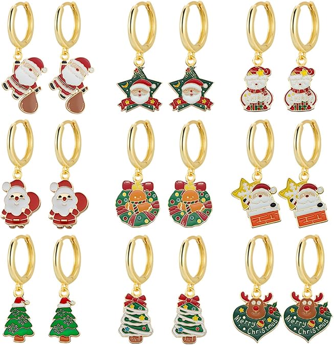 MALOYANVE 9 Pairs Christmas Hoop Earrings for Women Cute Christmas Tree Gingerbread Man Snowflake Winter Atmosphere Colorful Holiday Loop Earrings Jewelry Gifts